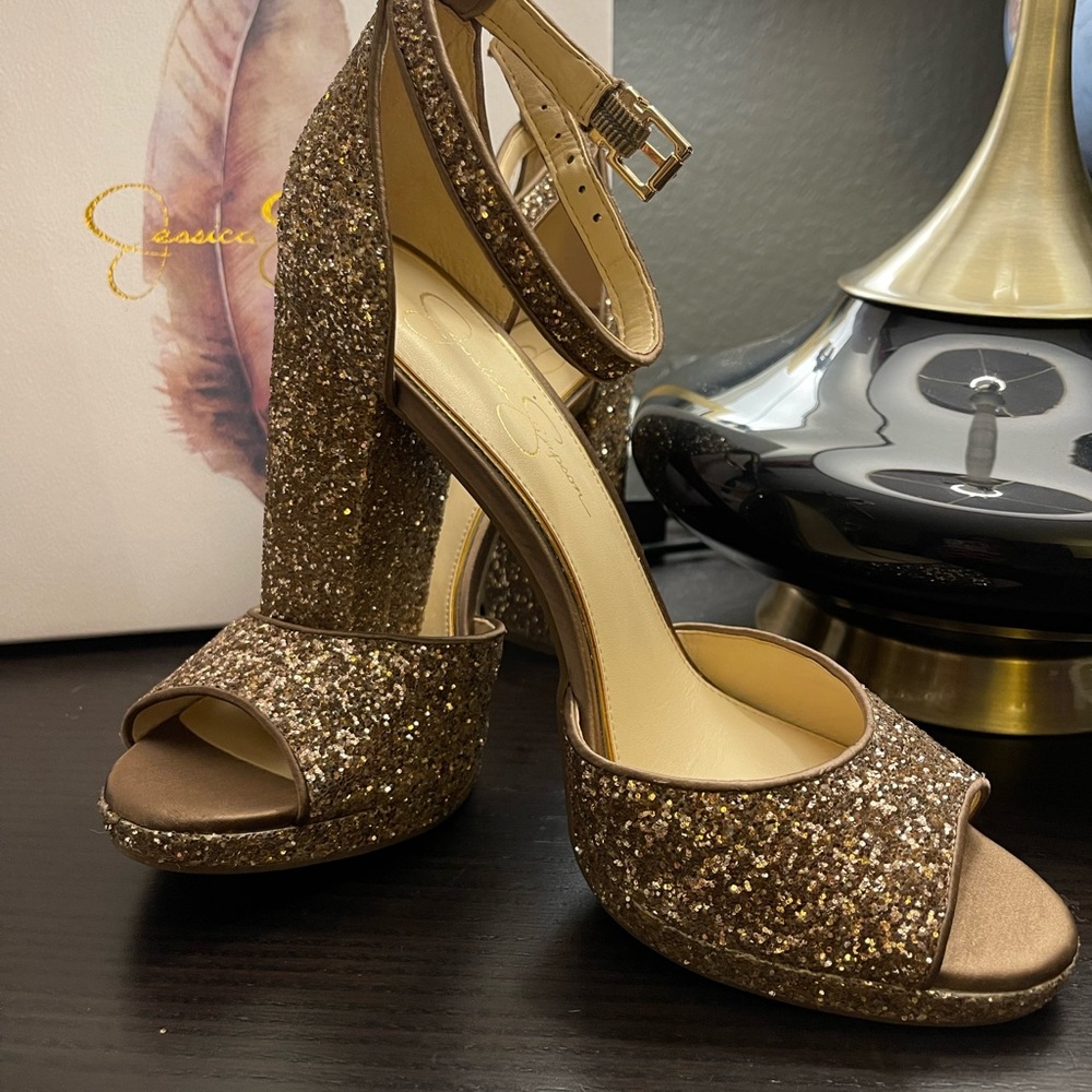 Jessica Simpson Gold Glitter Platform Heels
